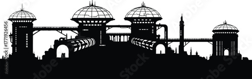Futuristic city silhouette with domes and towers vector, futuristic, city, silhouette, domes, towers, architecture, science fiction, industrial, urban, technology, futuristic city, sci fi, dystopian, 