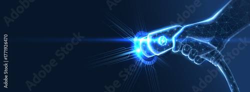 Digital hand holding a laser beam. Abstract hand reaching for futuristic light, energy, technology concept, digital hand with glowing lines, power, innovation vector illustration.