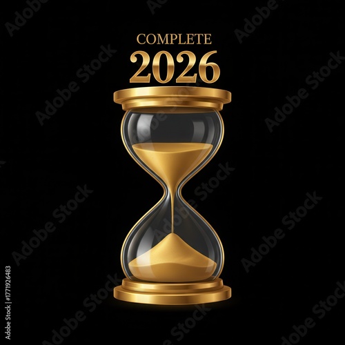 Golden hourglass symbolizes the completion of year 2026 with sand flowing smoothly representing time passing