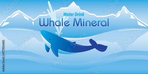 Blue whale illustration with water splash and mountain background, designed for "Whale Mineral" water drink branding and product packaging.