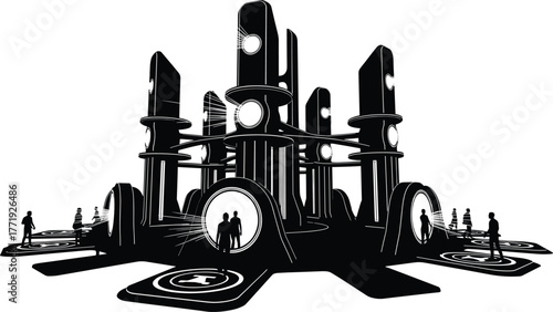 Futuristic Cityscape with Silhouetted Figures architecture, futuristic, city, cityscape, architecture, modern, science fiction, sci-fi, technology, innovation, future, urban, abstract, design, buildin