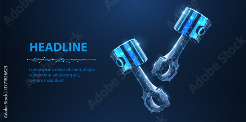Digital 3D pistons on blue background. Futuristic mechanical components, engine parts, technology, automotive industry, machine parts, innovation concept vector illustration.
