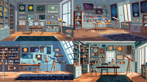 Cozy astronomy observatory interior filled with telescopes, books, and planetary charts. Detailed art scene showing stargazing equipment, scientific instruments, and cosmic study environment.