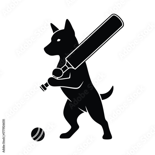 A black silhouette of a dog playing cricket, the canine is holding a bat and ready to hit the ball, , a fun and sporty design