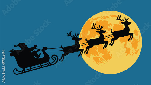 Santa's magical sleigh glides across a vibrant full moon sky, bringing festive cheer and holiday spirit to all