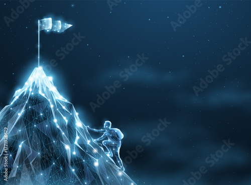 Man runs up the digital mountain or way to top. Growth opportunity, Dream career, Goal achievement, Leadership success , Ambition rise, Financial success, Competition strategy, mountain concept

