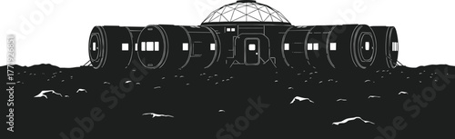 Lunar Base Habitat with Dome and Cylindrical Modules, lunar, moon, base, habitat, colony, space, exploration, future, science, technology, architecture, building, structure, dome, spherical, cylindric