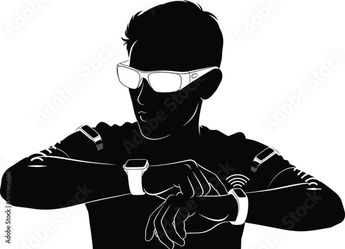Man Wearing Smart Glasses and Smartwatch Silhouette, man, male, silhouette, smart glasses, smartwatch, wearable technology, technology, future, digital, connection, wireless, communication, checking w