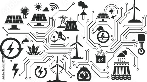 Renewable Energy and Technology Icons Connected by Circuits, renewable energy, technology, icons, solar panels, wind turbines, electricity, power, grid, circuits, connections, sustainability, green en
