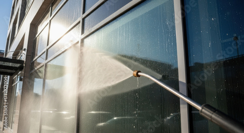 Wide-angle shot of pressure washer cleaning storefront windows with sunlight reflections and clear blue sky