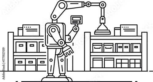 Outline drawing of a robotic arm in a warehouse with shelves of boxes, robot, robotic arm, warehouse, shelves, boxes, storage, automation, industry, factory, manufacturing, technology, engineering, ou