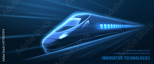 Fast modern express passenger train no high speed railway. Futuristic technology, hi tech future digital transport, train concept. 3d abstract vector. Predictive Maintenance, concept

