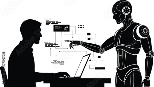 Robot and man collaborating on laptop with data flow robot, human, collaboration, illustration, black, digital, man, design, assistant, world, teaching, development, fiction, learning, communication, 