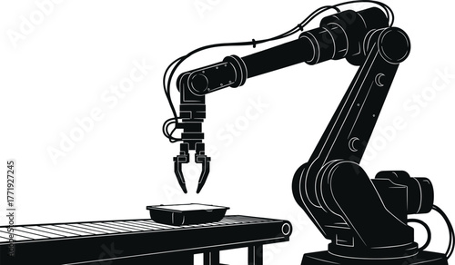 Robotic arm and conveyor belt with container industrial, robotic arm, conveyor belt, industrial, automation, technology, manufacturing, factory, machine, production, robotics, industrial robot, automa