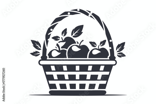 Stylized apples with leaves are placed nicely inside a woven basket in monochrome style