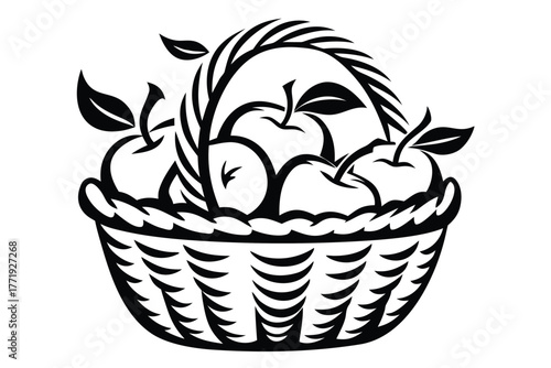Stylized basket overflowing with apples presented in stark black and white format
