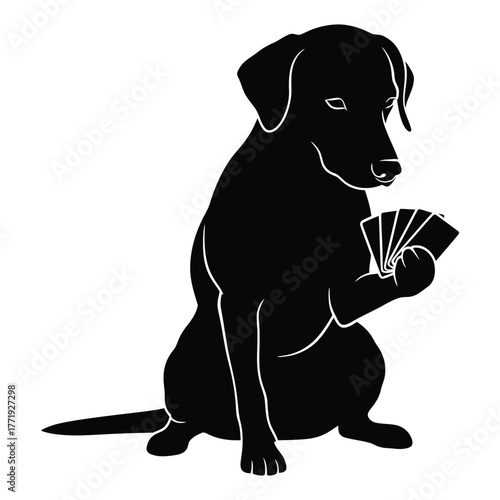 A black silhouette of a dog sitting and holding playing cards, the dog appears to be contemplating its next move in the game