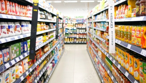 Wallpaper Mural Grocery aisle with neatly stocked packaged foods, bright lighting, clean tiled floor, vanishing point perspective. Torontodigital.ca