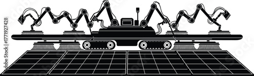 Robotic solar panel cleaning system with track-mounted brushes robot, solar panel, robotic, energy, cleaning, design, automation, arm, farm, equipment, machinery, system, photovoltaic, brushes, panel,