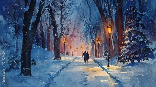 Watercolor painting winter night alley in park covered with snow couple walking under warm light of vintage lanterns deep blue and purple hues creating fairytale and romantic atmosphere