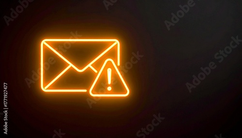 Neon envelope icon with warning symbol, glowing orange on dark background, email alert or phishing warning.