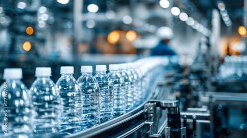 Bottled water moving along a conveyor belt in a modern automated beverage production facility with workers and machinery in the background
