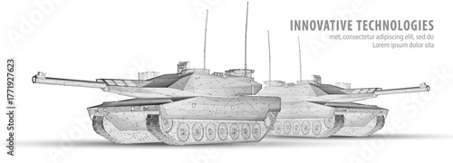 Modern tank on blue. Military technology, Autonomous weapons, Defence vehicle, Chobham Armor of tank, Artillery support, Combat vehicle, Active Protection, Military machine innovation concept.

