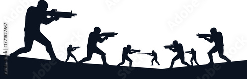 Silhouette soldiers with rifles on a hill army military, silhouette, soldiers, army, military, warfare, combat, weapons, rifles, guns, action, battle, conflict, danger, aggression, tactical, formation
