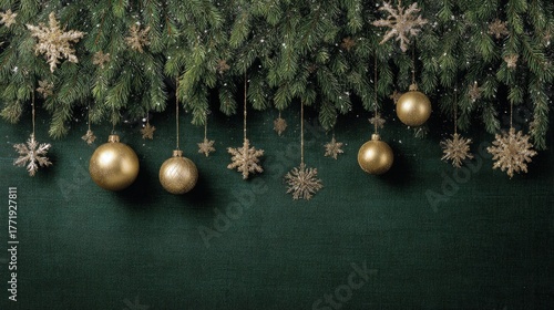 A festive composition featuring golden Christmas ornaments