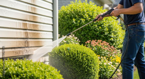 Man pressure washing home siding with green bushes and trees in the background