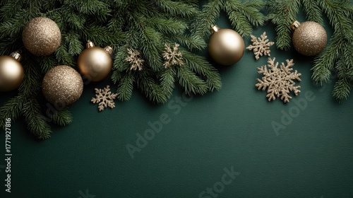 A festive composition featuring golden Christmas ornaments