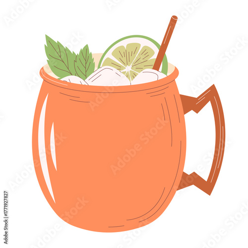 Moscow Mule vector illustration. Hand drawn flat style design of the vodka cocktail served in a classic copper mug, garnished with ice cubes, fresh mint leaves, lime wheel.