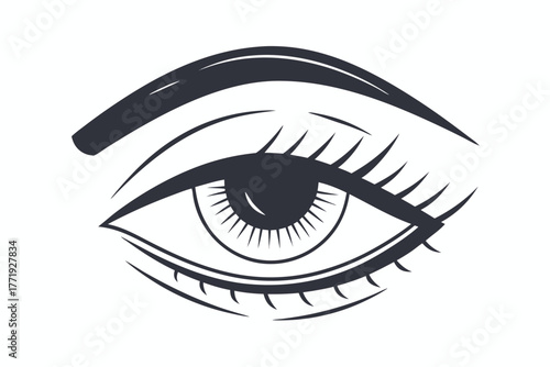 Stylized dark eye with defined eyebrow and lashes stares directly forward, isolated against white