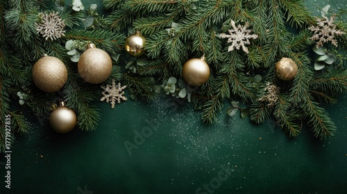 A festive composition featuring golden Christmas ornaments