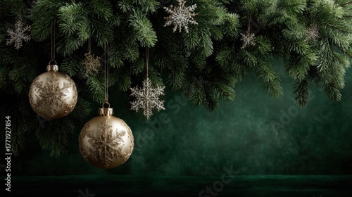 A festive composition featuring golden Christmas ornaments