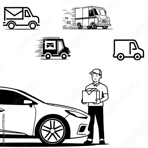 Courier service vehicles deliver mail and parcels. A set of vector sketches and icons in EPS 10 format
