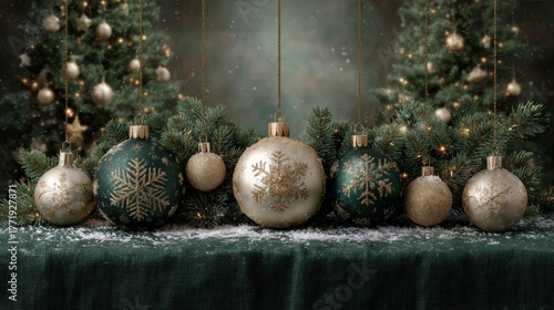 A festive composition featuring golden Christmas ornaments