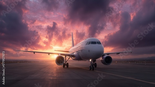 An airplane on a runway at sunset