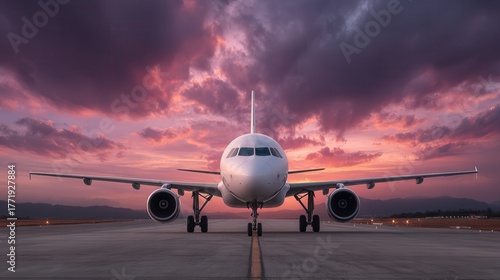 An airplane on a runway at sunset