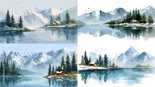 Serene mountain lake watercolor painting with pine trees and reflection. Peaceful nature landscape art showing calm water, snow peaks, and scenic wilderness environment in soft artistic tones.