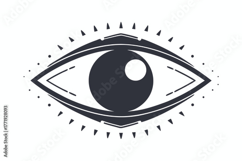Stylized eye emblem in monochrome shows unique tribal design elements surrounding the pupil
