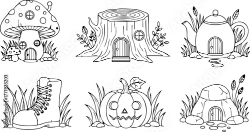 Cute black and white vector illustrations of mushroom house, tree stump home, leafy cottage, caterpillar, pumpkin lantern, and stone shelter designs for kids and nature lovers
