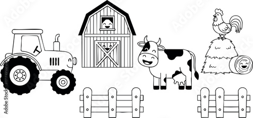 Farm animals and equipment black and white vector set with barn tractor cow rooster hay and fences for agriculture design