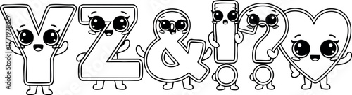 Cute cartoon characters of letters Y Z ampersand exclamation question mark and heart with big eyes and smiles vector illustration