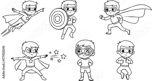 Cute superhero children in different action poses with capes and masks vector illustration cartoon style