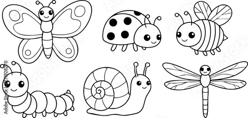 Cute cartoon insects and bugs set with butterfly ladybug bee caterpillar snail dragonfly vector collection