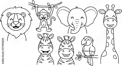 Cute cartoon wild animals including lion monkey elephant giraffe zebra and parrot in black and white line art style vector illustration