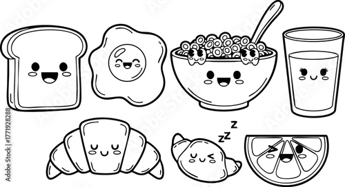 Cute breakfast food cartoon characters with toast egg cereal milk croissant lemon vector design