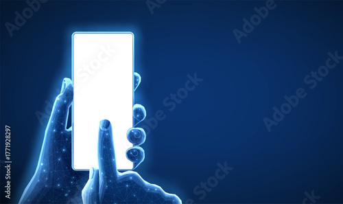 Digital hand hold mobile phone with blank screen on blue background. Smartphone app, social media, cellphone phone mockup, smart application, digital communication concept.

