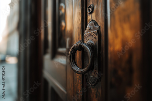 Vintage metal door handle with round knocker on an old wooden door, symbol of history, craftsmanship, and antique style.